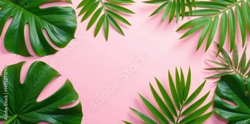 Pastel pink background, lush tropical palm leaves arranged in summery flat lay , paradise, aesthetic, cute photo