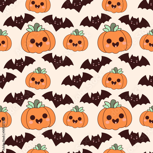 Adorable pastel Halloween seamless pattern featuring smiling jack-o'-lanterns, blushing ghosts, happy bats, and tiny stars. Perfect for fabric prints, scrapbooking, party decor, baby clothes, stickers