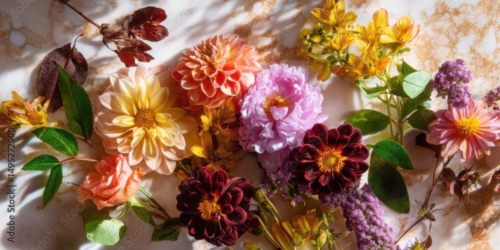 Fototapeta premium Assorted Dahlias and Other Flowers on Marble Surface, Representing Beauty and Floral Design Inspiration for Spring Celebrations : Generative AI