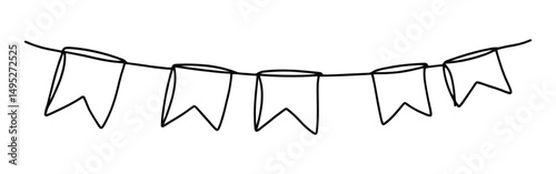 Bunting flags continuous one line drawing. Hand drawn festive flags garland.