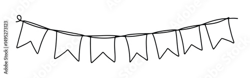 Bunting flags continuous one line drawing. Hand drawn festive flags garland.