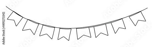 Bunting flags continuous one line drawing. Hand drawn festive flags garland.