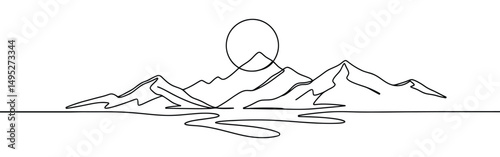Mountains and sun continuous one line drawing. Hand drawn sunset panoramic view.