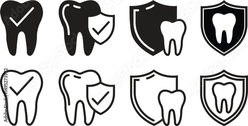 Dental insurance flat, outline icon set. Tooth depicting vectors for website, mobile interface, presentation, visual branding. Teeth care shield protection bacteria symbol. Hospital and medical signs.