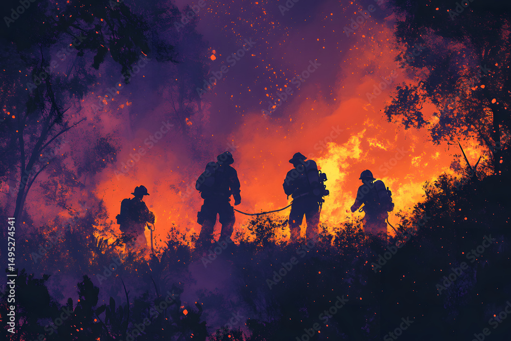 Fototapeta premium Firefighters Battling Intense Forest Wildfire – Dramatic Nighttime Emergency Scene