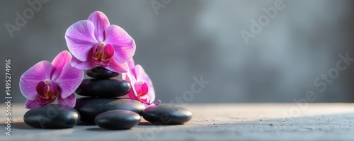 Smooth spa stones, vibrant orchids, serene grey backdrop, grey, spa stones