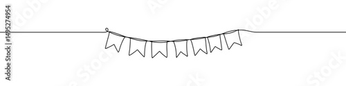 Bunting flags continuous one line drawing. Hand drawn festive flags garland.