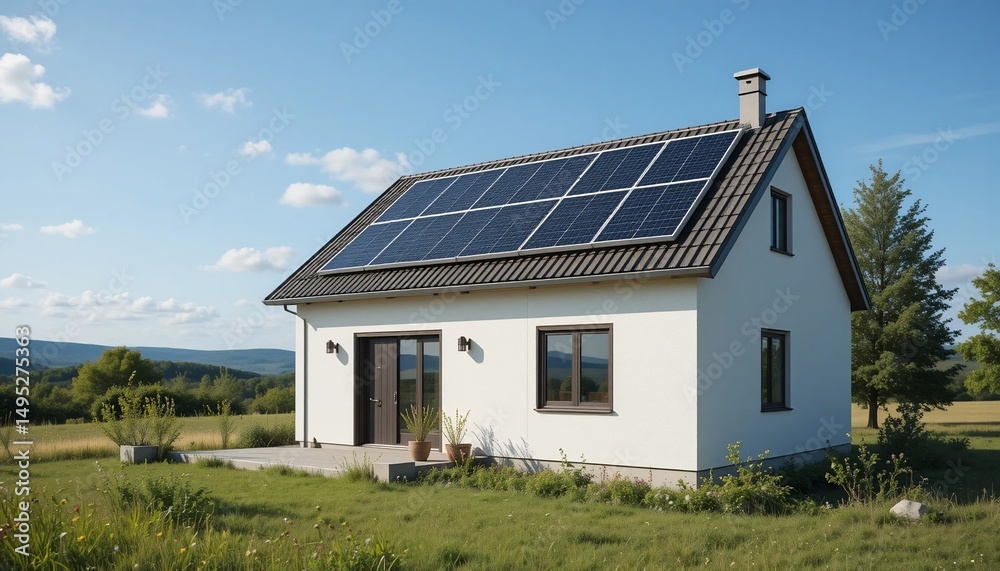 Fototapeta premium Sustainable Modern House with Solar Panels Rural Landscape Eco Friendly Home