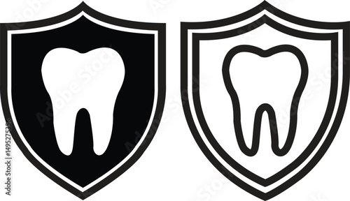 Dental insurance flat, outline icon set. Tooth depicting vectors for website, mobile interface, presentation, visual branding. Teeth care shield protection bacteria symbol. Hospital and medical signs.