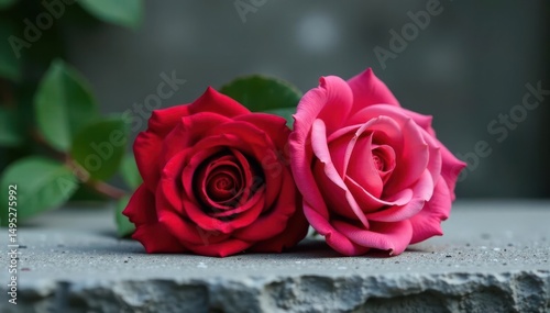 Two velvety roses, crimson and deep pink, rest on cool grey stone , garden, macro, beauty