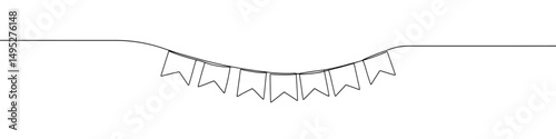 Bunting flags continuous one line drawing. Hand drawn festive flags garland.