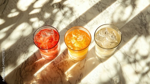 Three vibrant cocktails on a sunlit marble table, surrounded by soft morning shadows.
