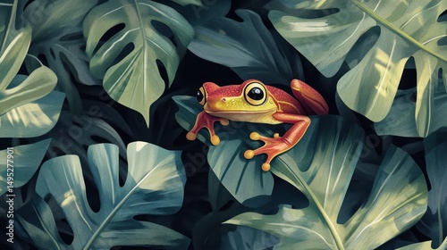 A Red-Eyed Tree Frog's Serene Moment Amidst Lush Monstera Foliage