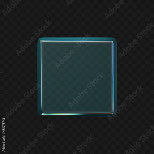 3D crystal glass cube with refraction and iridescent effects isolated on dark background. Render transparent rotating glass box with neon dispersion light and rainbow gradient. 3d vector figure