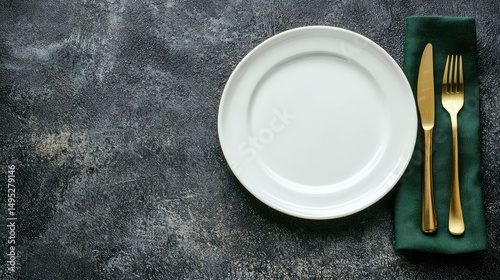 Timeless holiday dining setup with white plates, golden flatware, and green napkins on a smooth concrete surface.
