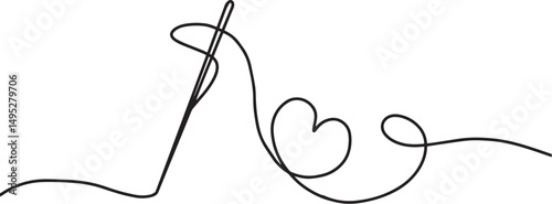 love threading needle wool heart continuous art line