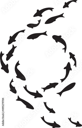 shoal fishes koi school forming whirl on water circle silhouette