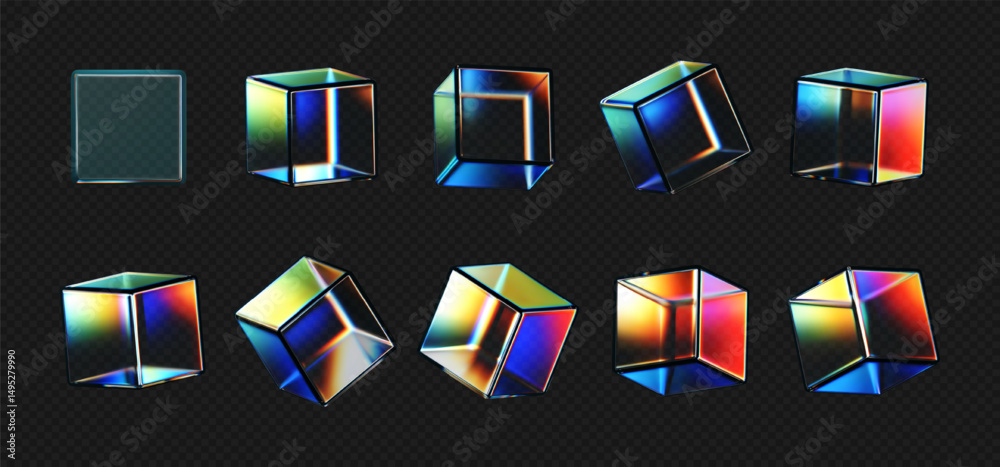 3D crystal glass cubes set with refraction and iridescent effects isolated on dark background. Render transparent rotating glass box with neon dispersion light and rainbow gradient. 3d vector figure