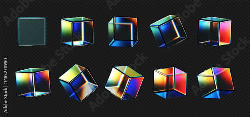 3D crystal glass cubes set with refraction and iridescent effects isolated on dark background. Render transparent rotating glass box with neon dispersion light and rainbow gradient. 3d vector figure