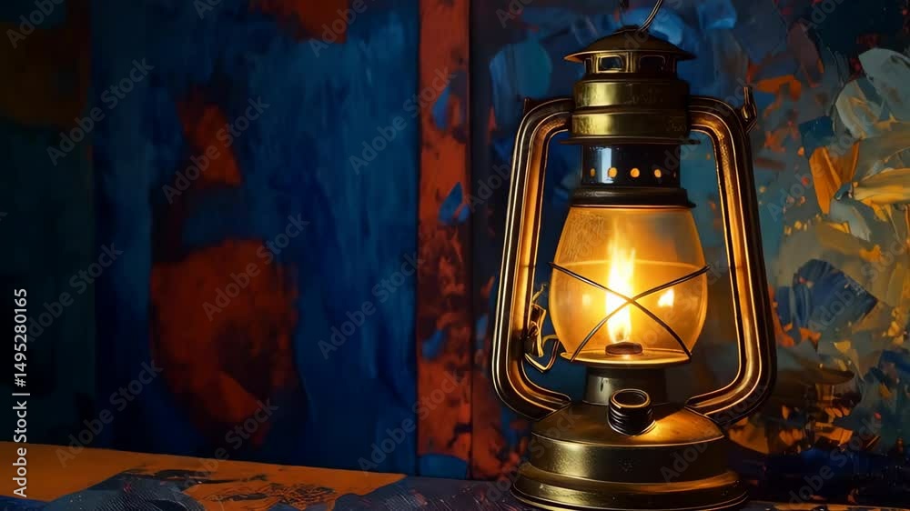 Vintage Oil Lantern Illuminating a Colorful Abstract Background
