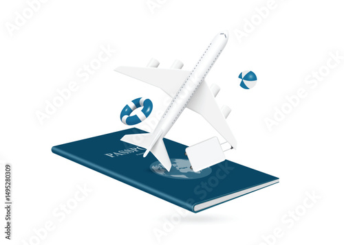 Airplane, suitcase, lifebuoy, beach volleyball all flying over a blue passport for summer travel design, vector 3d illustration isolated on white background for advertising design