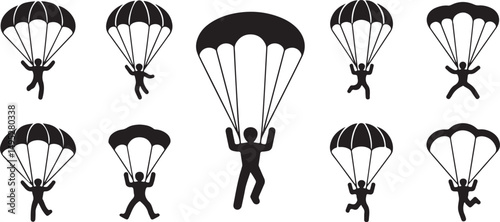 Skydiving Parachutists Action Icons Set Silhouette