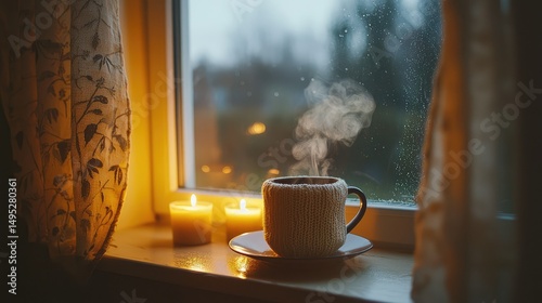Tiny window nook with thick curtains, golden candlelight, and steaming tea in hand-knit mug cozy.