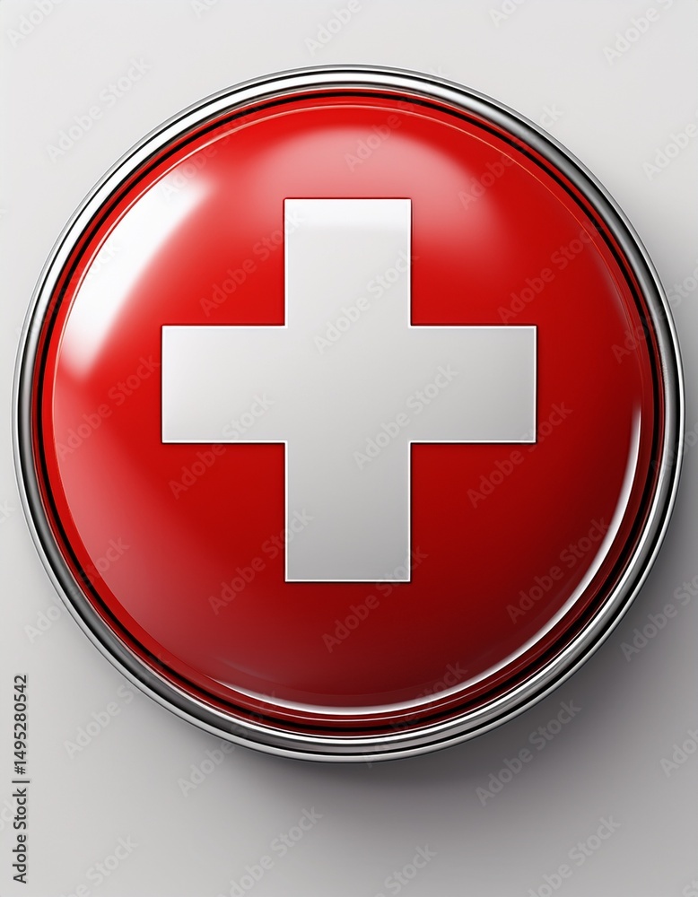 Obraz premium Runder Button mit Flagge der Schweiz – glänzend, 3D-Optik, isoliert auf Weiß