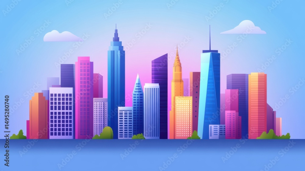 Obraz premium Colorful Modern City Skyline with Buildings and Cloudy Blue Sky Background