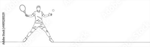 Tennis player continuous one line drawing. Hand drawn player with racket.