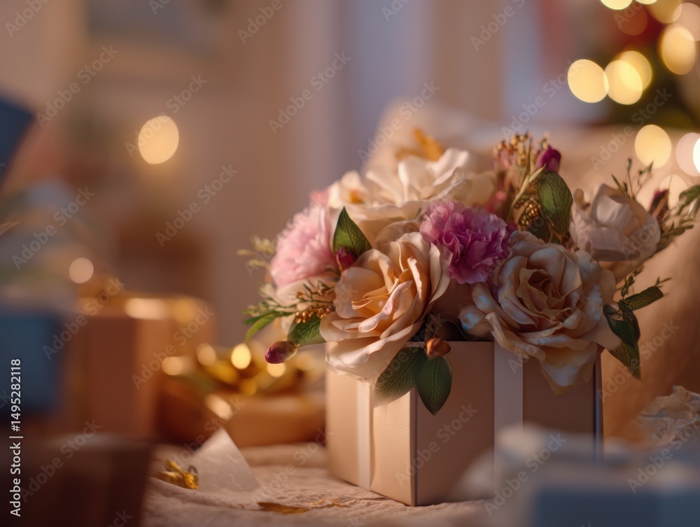 Obraz premium Floral Arrangement in Gift Box Under Warm Bokeh Lights, Symbolizing Celebration and Romantic Gift Giving Occasions : Generative AI