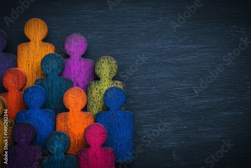The concept of inclusion is represented by a group of colorful figures alongside wooden ones