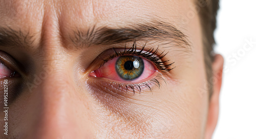 Closeup of a bloodshot human eye with a green and brown iris