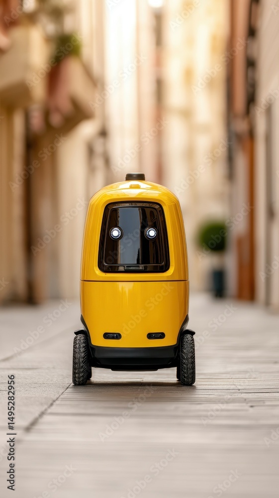 Fototapeta premium AI in Everyday Life Assistant. Autonomous Delivery Robot Navigating Urban Streets in Everyday Life Scenarios with Innovation and Efficiency