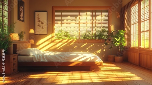 Sunlit bedroom with wooden floors, bed, plants, and window blinds