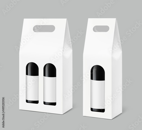 Cardboard wine carrier with bottles mockup. Vector illustration isolated on grey background. Easy to use for presentation your product, idea, promo, design. EPS10.