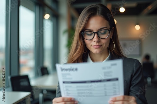 Stealthy Young Businesswoman Capturing a Sneaky Shot of an Invoice Document in Disguise in an Office