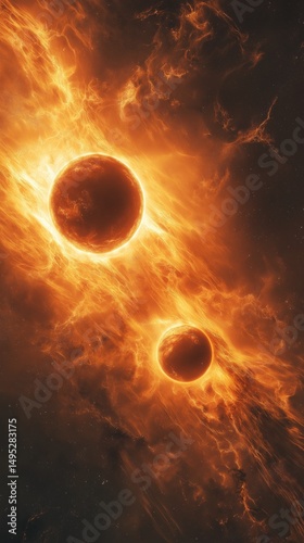 Intense cosmic scene: Two vibrant orange planets within swirling fiery nebula