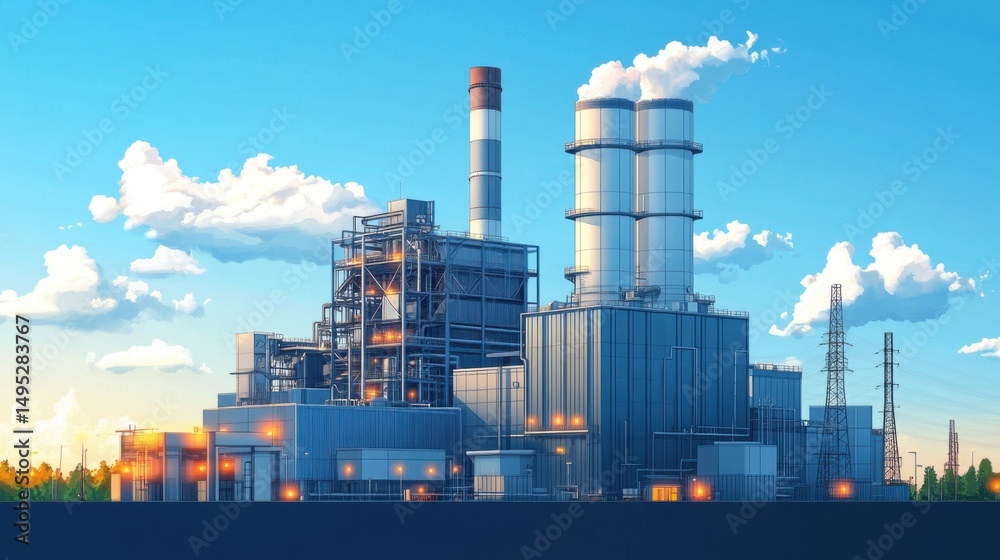Obraz premium Modern Industrial Power Plant with Smoke Stacks and Bright Sky Background