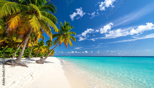 Fototapeta Naklejka Na Ścianę i Meble -  Sunny Caribbean Beach with Palm Trees and Turquoise Water – Tropical Paradise for Adobe Stock
