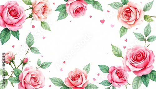 Delicate watercolor roses & leaves, repeating pattern, bud, nature