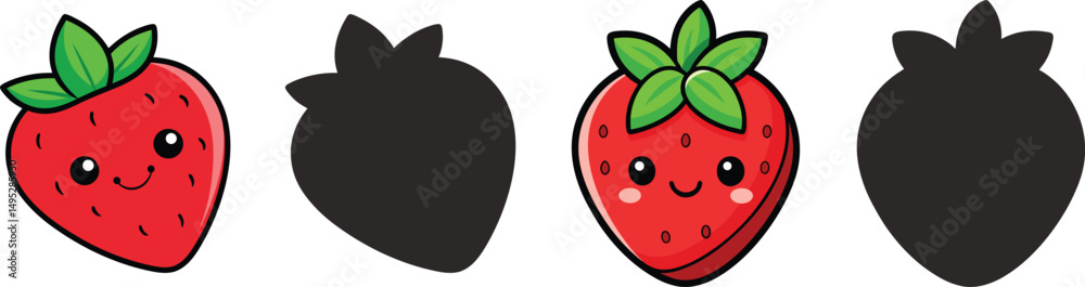 Obraz premium Cute cartoon strawberry with silhouettes fun kids game, A simple illustration featuring a kawaii strawberry and its silhouette suitable for children's activities