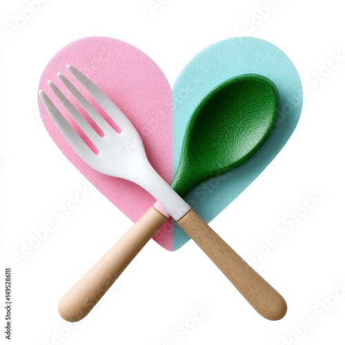 Colorful fork and spoon overlapping on heart-shaped background