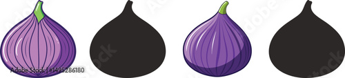 Purple figs with silhouettes illustration fresh fruit food graphic design, A simple illustration showing a purple fig with its silhouette