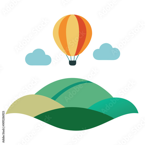 Hot Air Balloon Over Rolling Hills on White Background