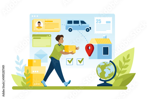A guy with a mailbox in his hands delivers goods to the address. A worldwide shipping and payment plan. Successful presentation of a business project for the delivery of goods. Cartoon style illustrat