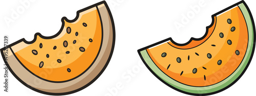 Two juicy melon slices with a bite taken out showing seeds inside, A simple illustration of two partially eaten slices of melon