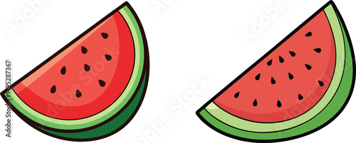 Two watermelon slices summer fruit refreshing dessert sweet juicy red green, A simple illustration of two watermelon slices against a white background