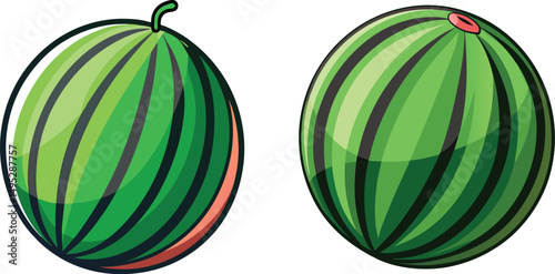 Watermelons one shown from the side and one from the top a simple illustration, A simple illustration of two watermelons viewed from different angles