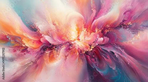 Vibrant abstract artwork with swirling pastel colors, creating a dynamic, energetic explosion of fluid forms